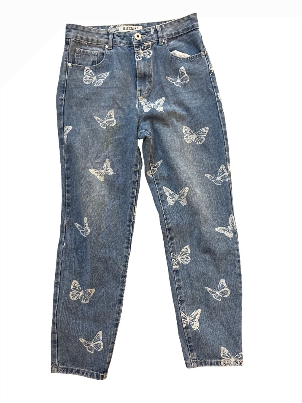 Blue Denim Butterfly Print Boyfriend Jeans - Women's